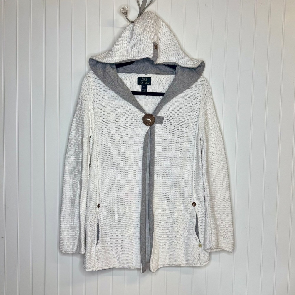 Pure Handknit for Fresh Produce M/L White Grey Hooded Cotton Cardigan Sweater